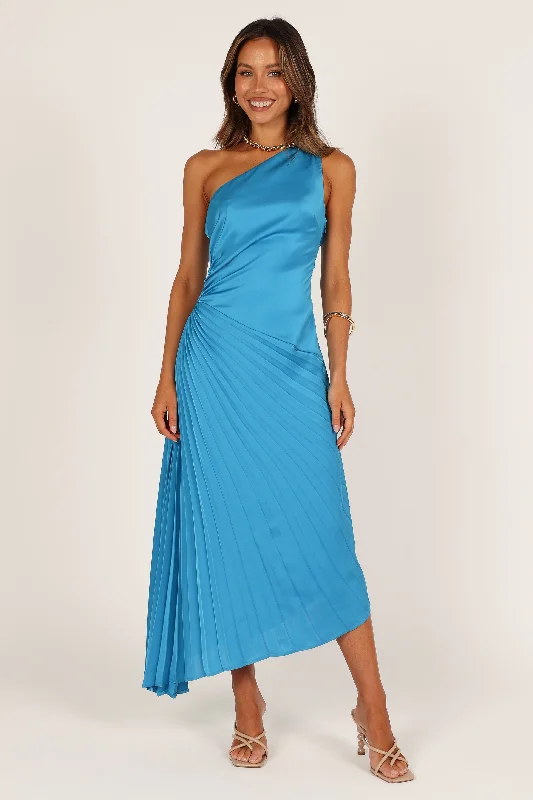 ladies-midi-dress-plus-size-Flin Pleated One Shoulder Midi Dress - Blue